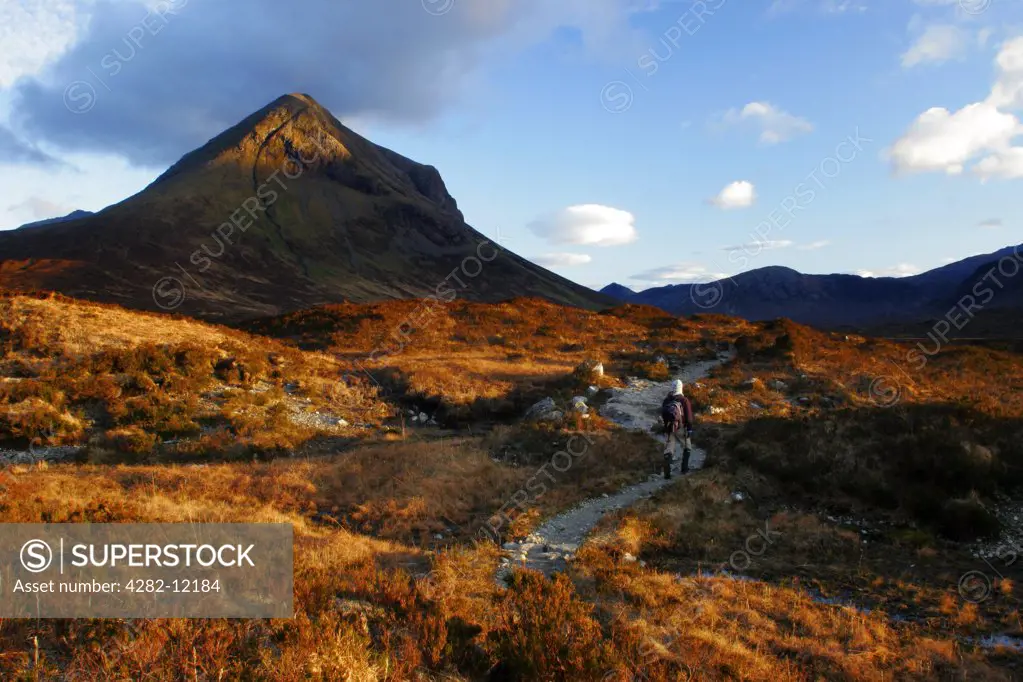 Scotland, Isle of Skye, Glen Sligachan. Evening light iluminates the red hues of the wild mountain landscape of Glen Sligachan.