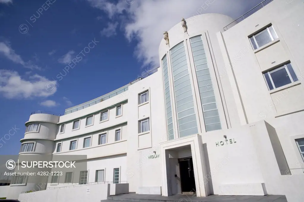 England, Lancashire, Morecambe Bay. The entrance of The Midland Hotel, an Art-Deco classic on the seafront in Morecambe Bay.