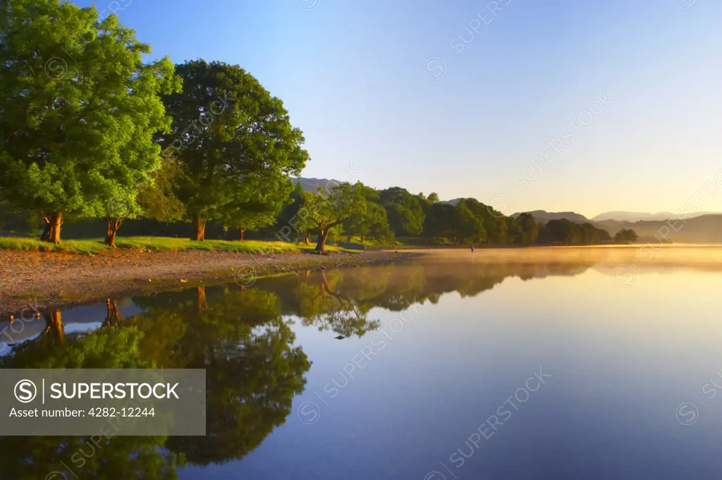 England, Cumbria, Coniston . Dawn looking across the still waters of Coniston Water within the Lake District National Park.