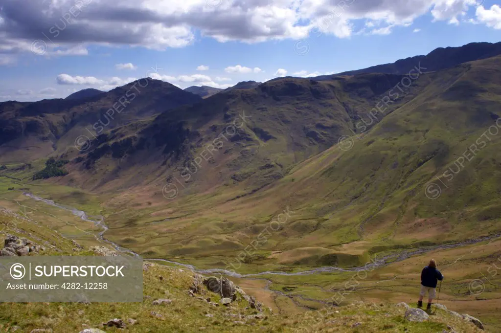 England, Cumbria, Mickleden Valley. A hiker admires the impressive wild scenery of the Mickleden Valley.