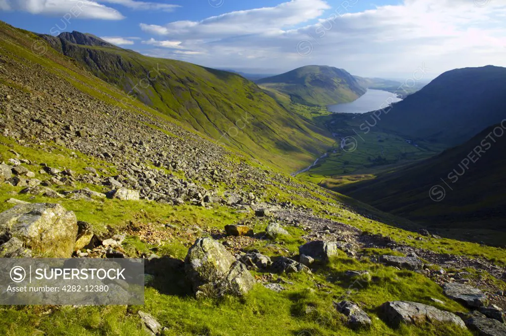 England, Cumbria, Great Gable. Lake District National Park.View from the lower slopes of Great Gable towards Wastwater and Wasdale.