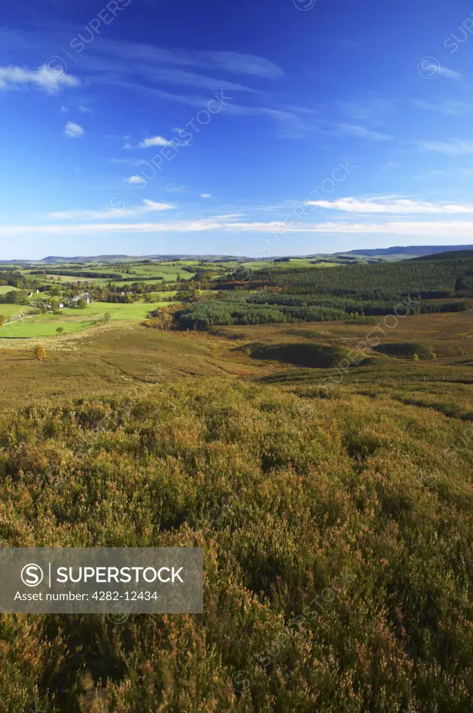 England, Northumberland, Northumberland National Park. Northumberland National Park. View looking from Harbottle Crags Nature Reserve (Northumberland Wildlife Trust) towards Harbottle and Coquetdale.