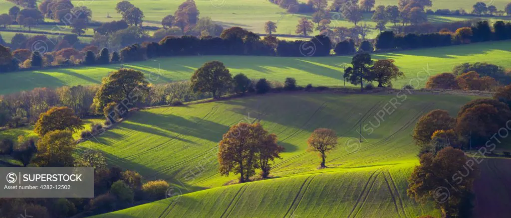 England, Staffordshire, Kinver Edge. The rolling hills and agricultural land near Kinver viewed from Kinver Edge.