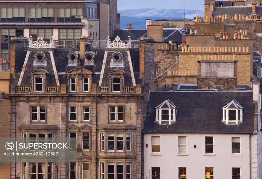 Scotland, City of Edinburgh, Edinburgh. Typical architecture of the shops and offices located along Princes Street.