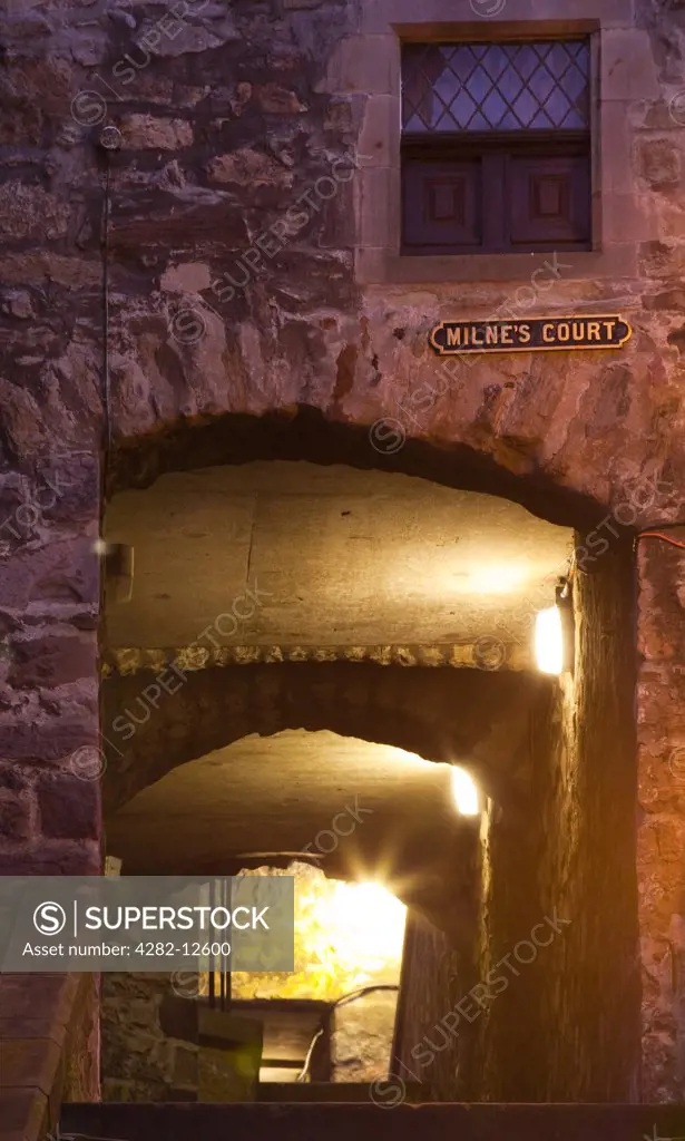 Scotland, City of Edinburgh, Edinburgh. Milne's Court, a narrow passageway heading to the Royal Mile.