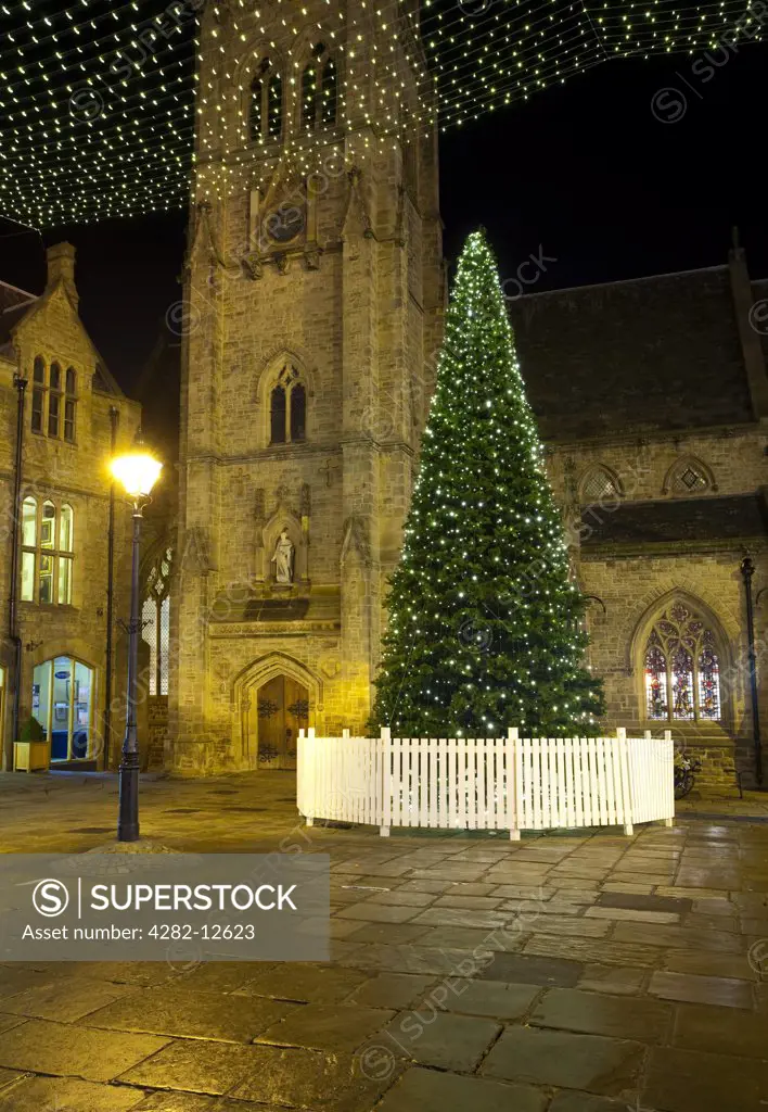 England, County Durham, Durham. Christmas Tree in the Market Place of Durham City.