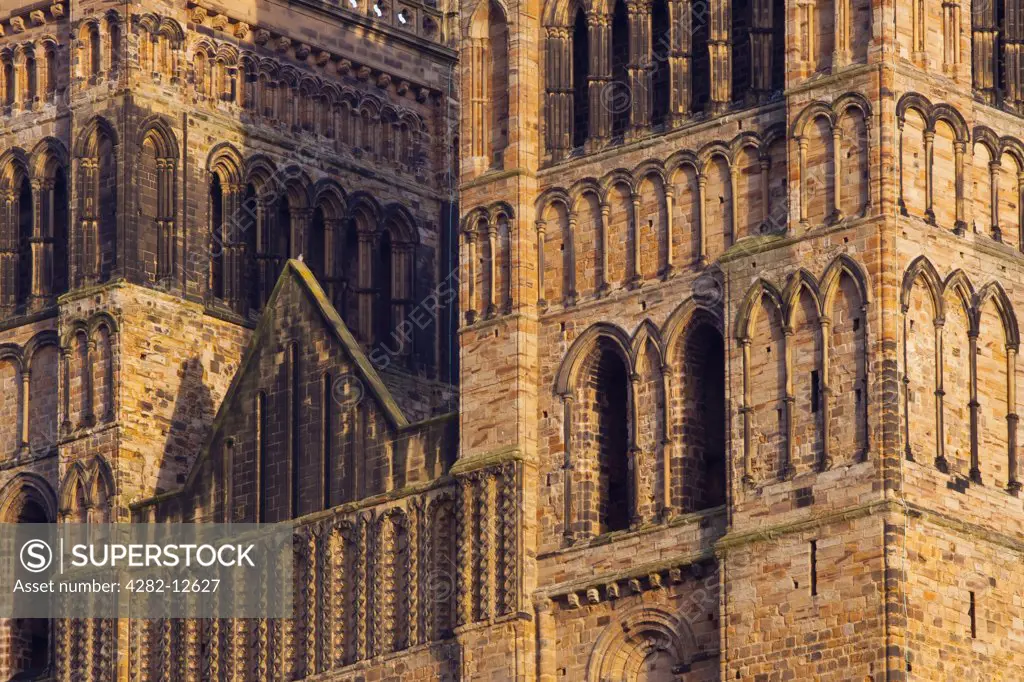 England, County Durham, Durham. Detail of the towers of Durham Cathedral.