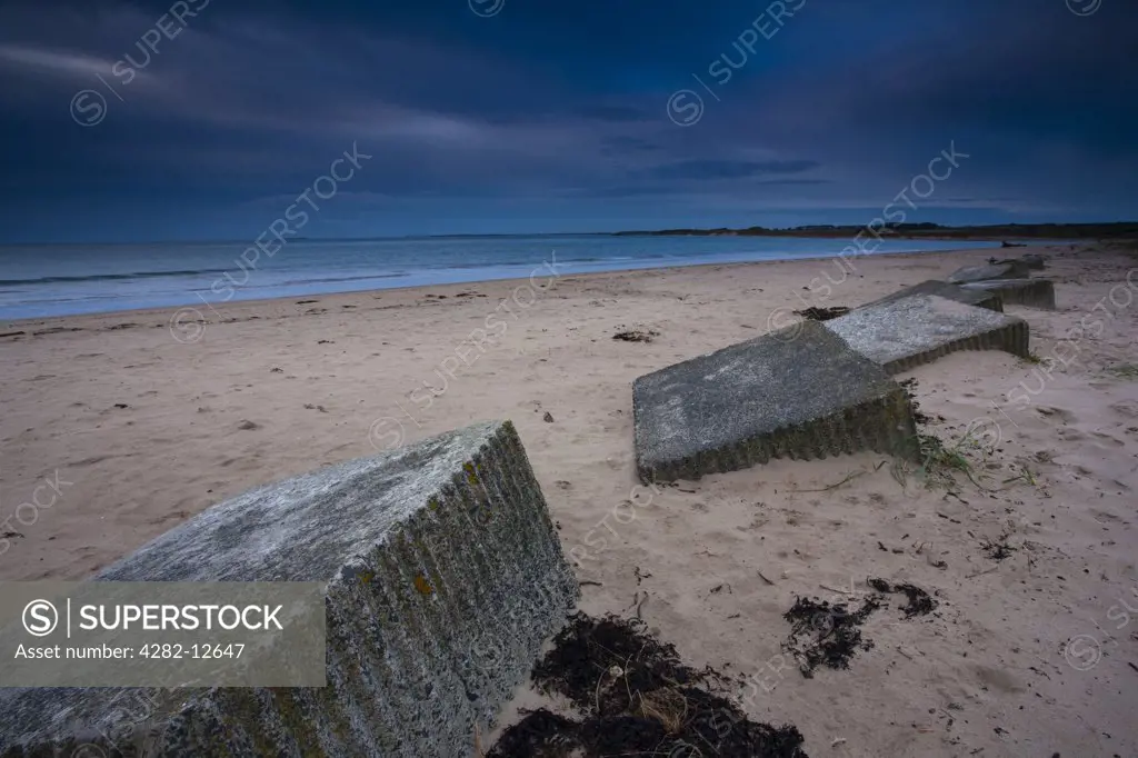 England, Northumberland, Alnmouth. Second World War coastal defences on the sandy beach at Alnmouth.