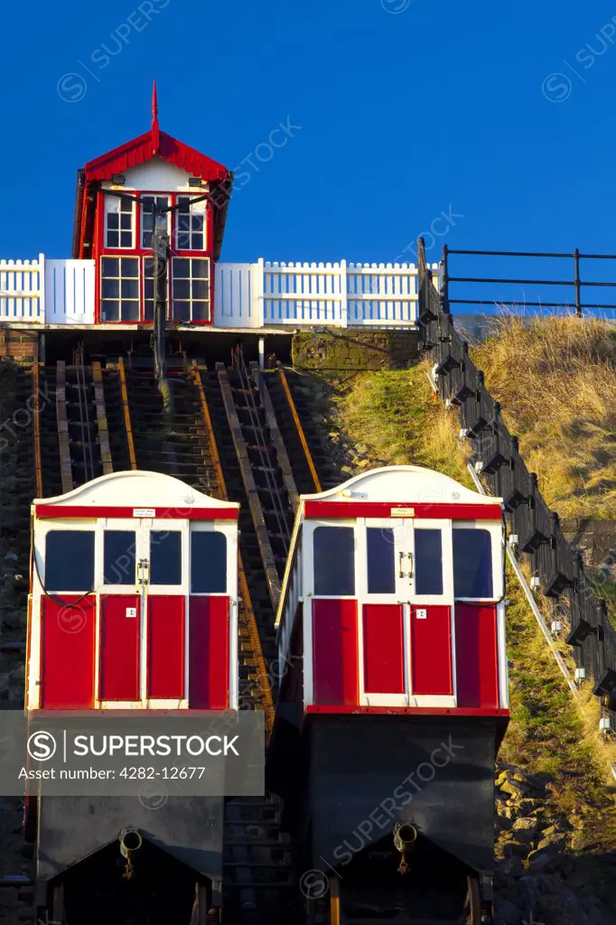 England, Redcar & Cleveland, Saltburn-By-The-Sea. View looking towards the top of the funicular railway, one of the world's oldest water-powered cliff lifts, from the station near the pier.