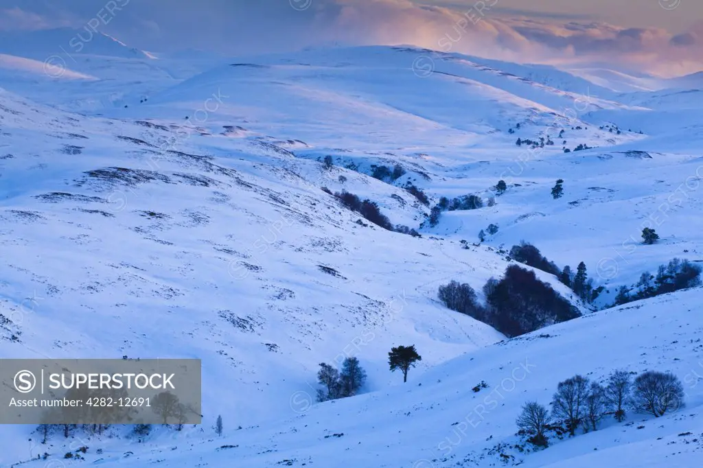 Scotland, Highland, Cairngorms National Park. View from the the Old Military Road (now part of the A939) from near the Bridge of Brown looking across a snow covered valley towards the mountain peaks of the Cairngorms National Park.