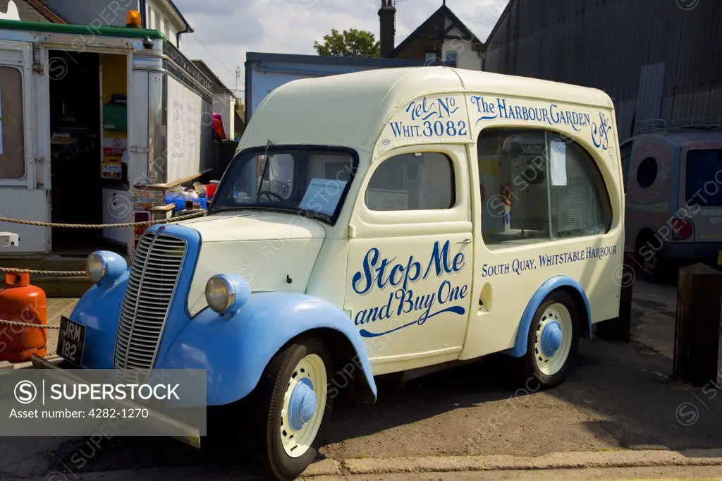 England, Kent, Whitstable. A traditional ice cream van from 'The Harbour Garden Cafe' in Whitstable.