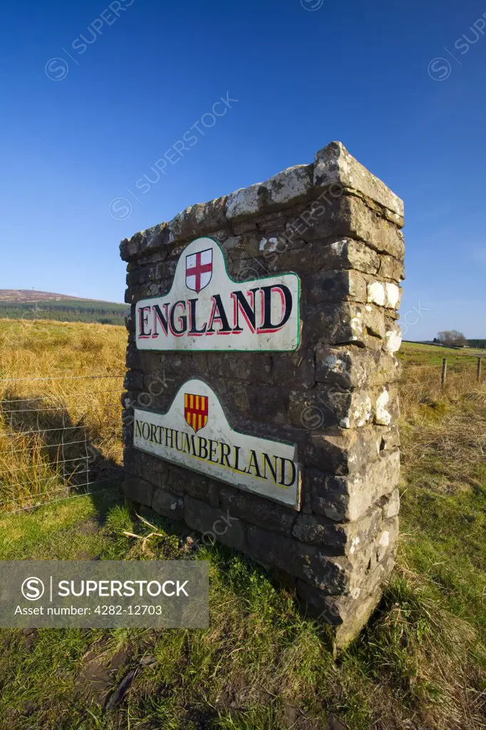 Scotland, Scottish Borders, near Kielder. England and Northumberland sign near Kielder viewed from the Scottish side of the Border.