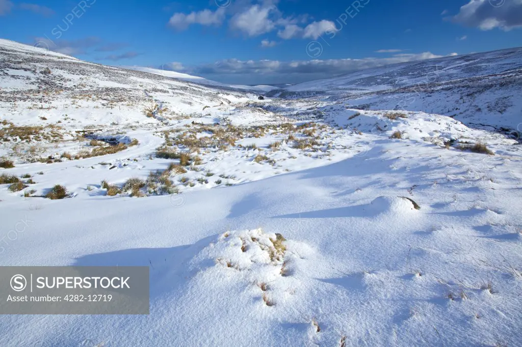 England, Northumberland, Cheviot Hills. Snow on the Cheviot Hills near Comb Fell and the Breamish Valley.