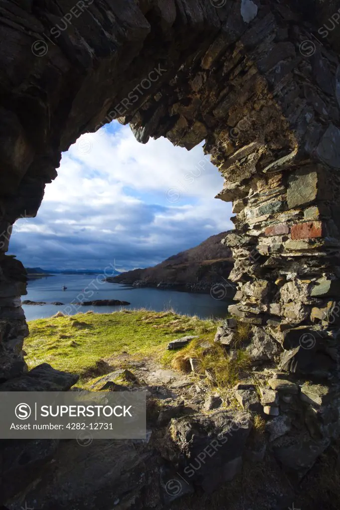 Scotland, Highland, Strome. The enigmatic ruins of Strome Castle, situated alongside Loch Carron.