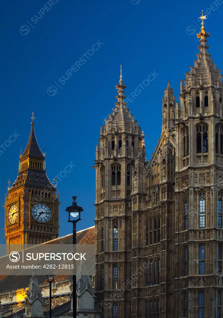 England, London, Westminster. Big Ben, one of London's most iconic landmarks and the Houses of Parliament (Palace of Westminster).