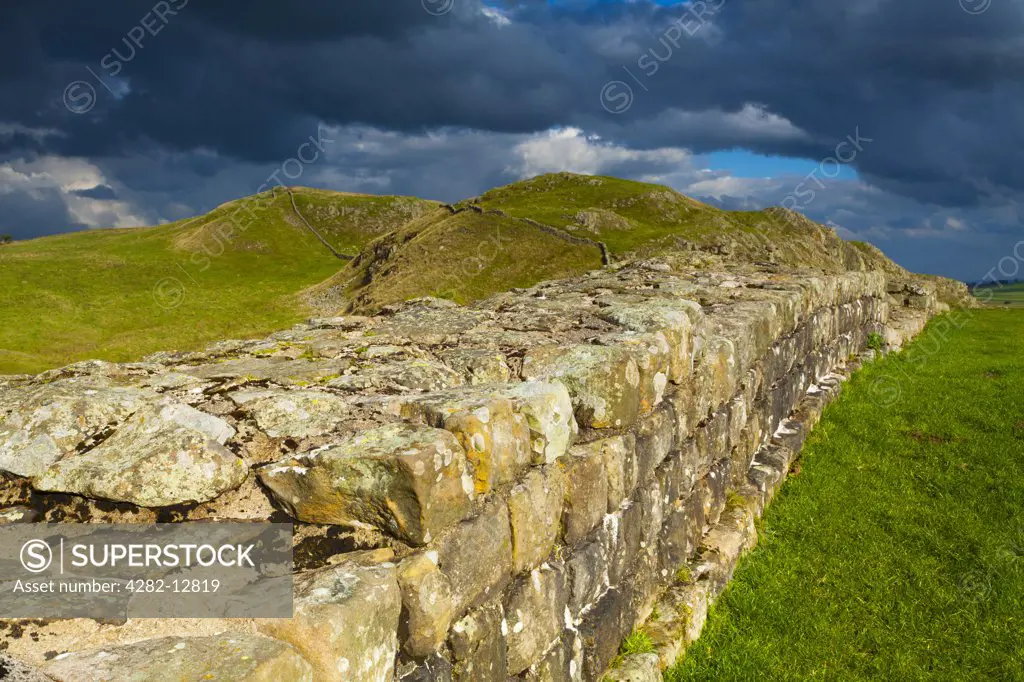 England, Northumberland, Caw Gap. A well preserved stretch of Hadrian's Wall passing along Caw Gap in Northumberland National Park.