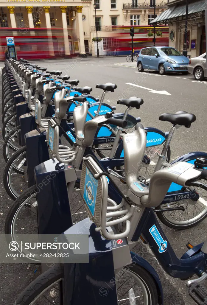 England, London, Haymarket. Barclays Cycle Hire docking station located near the Theatre Royal Haymarket. The London Cycle Hire scheme has been nicknamed 'Boris Bikes' after the present mayor, Boris Johnson, who introduced the scheme.