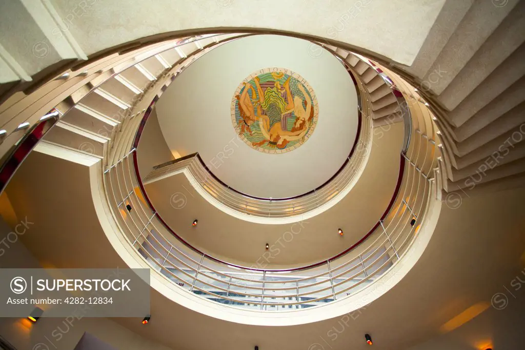 England, Lancashire, Morecambe. Spiral staircase in the recently refurbished Art Deco style Midland Hotel.