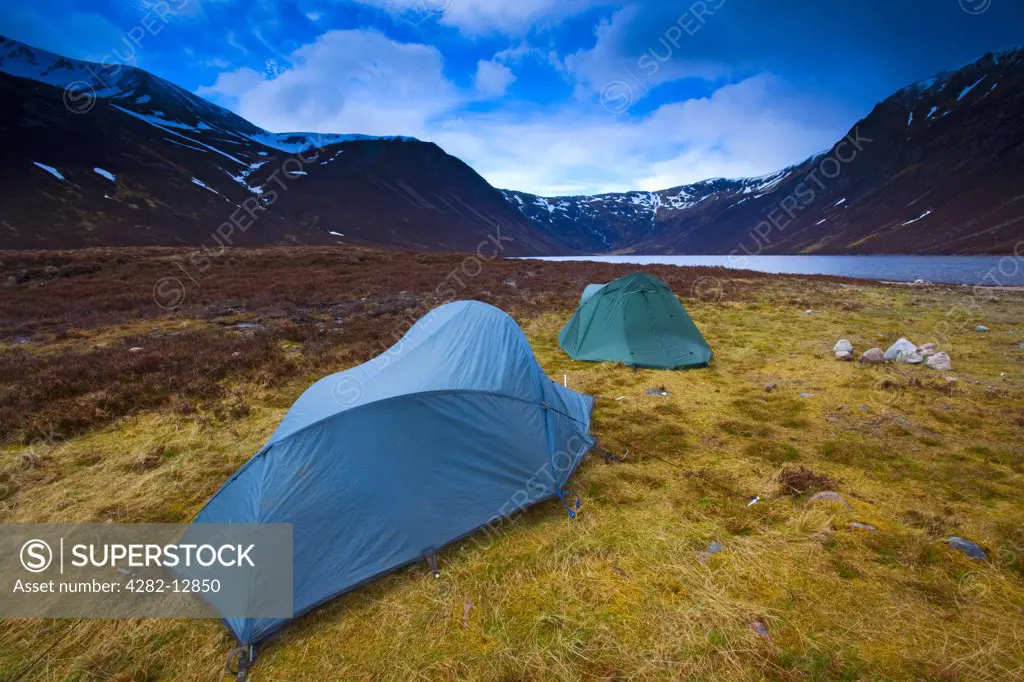 Scotland, Highland, Gleann Eanaich. Hikers camping wild near Loch Eanaich in Gleann Eanaich in the Cairngorms National Park.