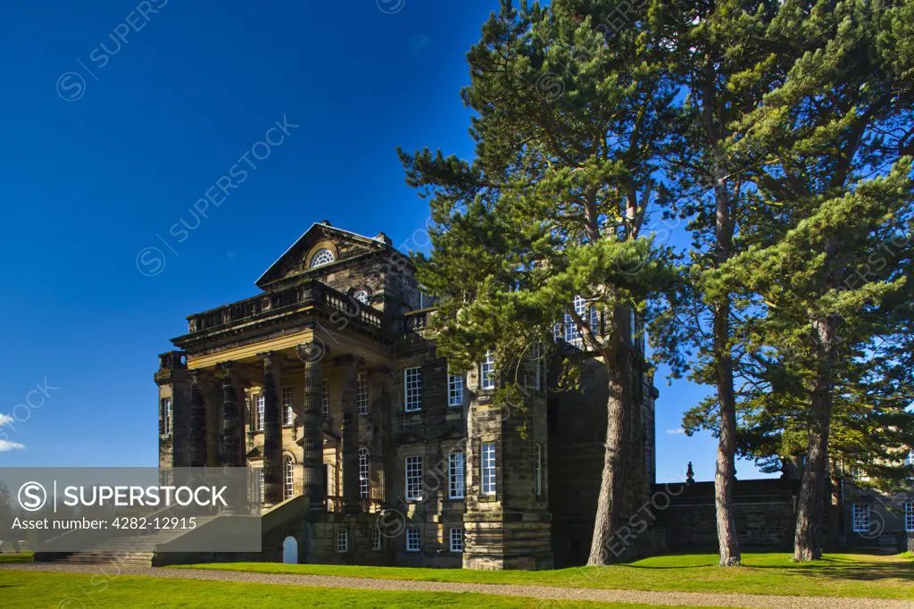 England, Northumberland, near Seaton Delaval. Original front entrance of Seaton Delaval Hall, an English baroque house built between 1718 and 1728 for Admiral George Delaval.