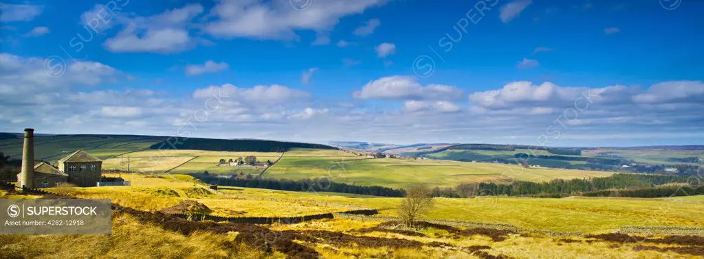 England, County Durham, Derwent Valley. Panoramic view of the Derwent Valley in the North Pennines Area of Outstanding Natural Beauty and European Geopark.