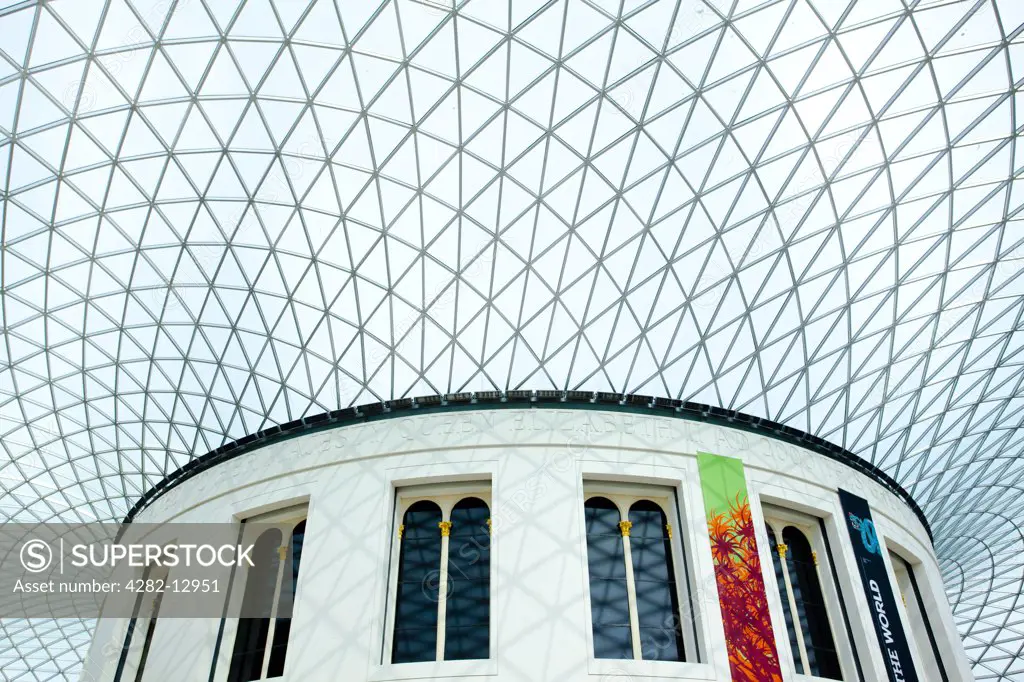 England, London, Bloomsbury. The steel and glass roof covering the Queen Elizabeth II Great Court of the British Museum.