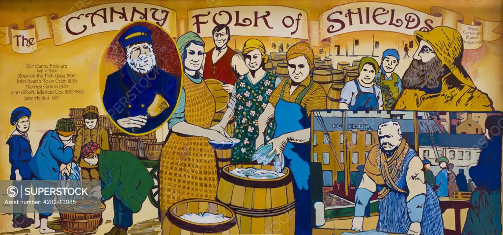 England, Tyne and Wear, North Shields. A mural on a building in North Shields depicting characters from the history of North Shields.