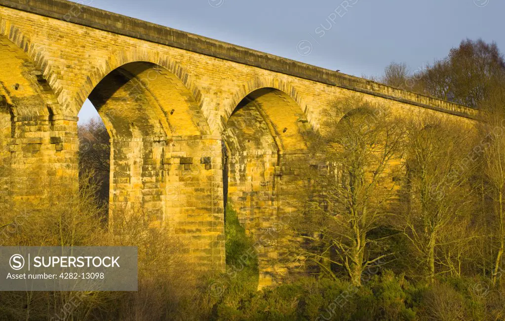 England, Tyne and Wear, Derwent Walk Country Park. The impressive Nine Arches Viaduct spanning the River Derwent in the Derwent Walk Country Park.