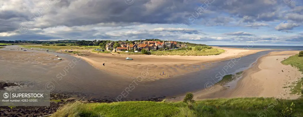 England, Northumberland, Alnmouth. A panoramic view of the small coastal town of Alnmouth on the estuary of the River Aln on the north east coast of England.