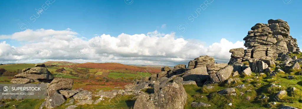 England, Devon, Dartmoor. Panoramic view of Bonehill Rocks, a granite outcrop in the Dartmoor National Park.