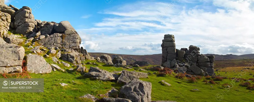 England, Devon, Dartmoor. Panoramic view of Bonehill Rocks, a granite outcrop in the Dartmoor National Park.