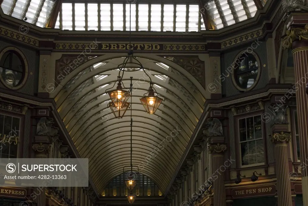 England, London, The City. Leadenhall Market in the City of London. The location was used in 2001 as Diagon Alley in Harry Potter and the Philosopher's Stone.