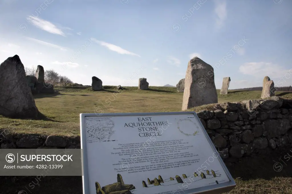 Scotland, Aberdeenshire, Inverurie. East Aquhorthies Stone Circle also known as Easter Aquhorthies. A recumbent Stone circle only found in the Aberdeenshire area of Scotland circa 3000BC.