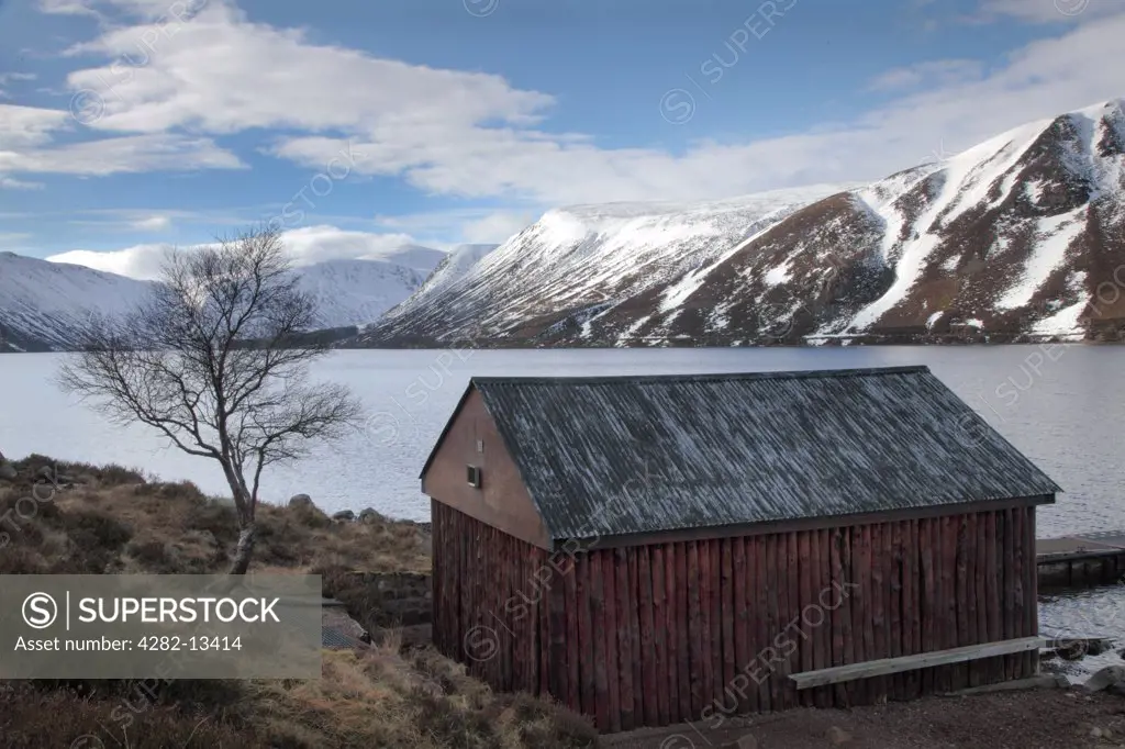 Scotland, Aberdeenshire, Cairngorms. Boathouse on Loch Muick in the Cairngorms National Park.