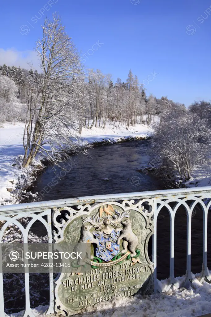 Scotland, Aberdeenshire, Strathdon. Bridge over the River Don with Forbes Coat of Arms.