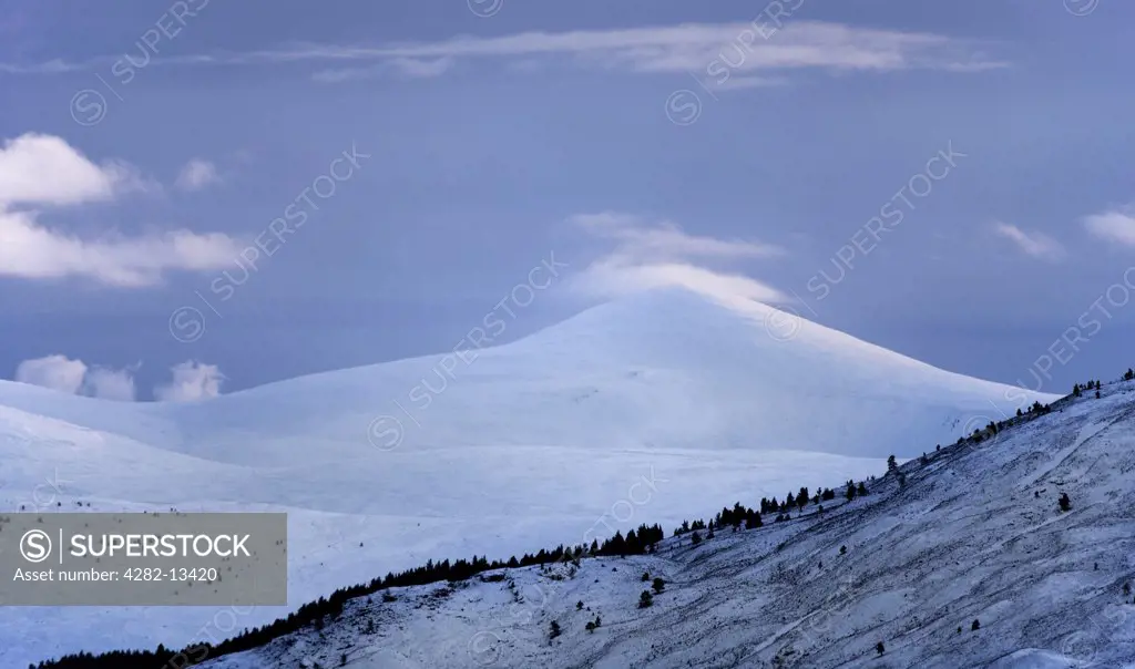 Scotland, Aberdeenshire, Glen Tanar. Evening light on snow covered Mount Keen.
