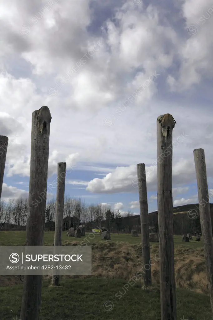 Scotland, Aberdeenshire, Oyne. A reconstruction of a class one henge from the Neolithic age at the Archaeolink Prehistory Park.