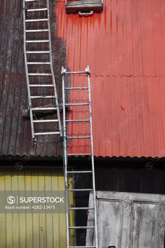Scotland, Moray, Cabrach. A pair of ladders fixed to a half painted outbuilding with a corrugated roof.