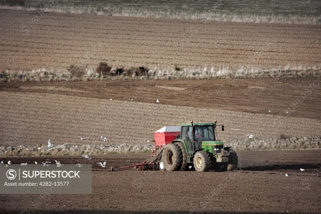 Scotland, Aberdeenshire, Tarland. A farmer sowing crops in a field using a tractor.