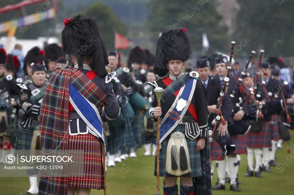 Scotland, Aberdeenshire, Strathdon. Pipers at the Lonach Gathering and Highland Games, (billed as Äö?Ñ??Scotland's friendliest Highland GamesÄö?Ñ?¥) held annually in August.