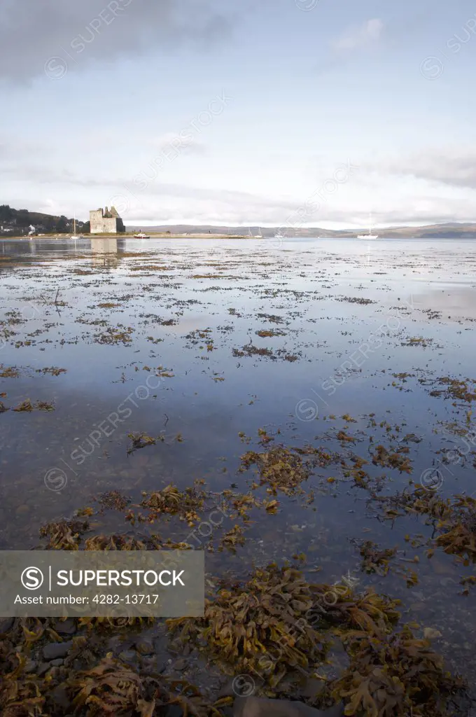 Scotland, North Ayrshire, Lochranza. The ruin of Lochranza Castle in the middle of Lochranza on the Isle of Arran.