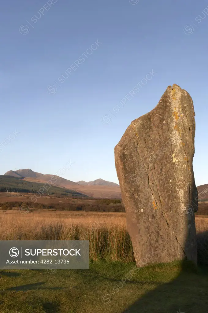 Scotland, North Ayrshire, Machrie Moor. A standing stone, part of a stone circle at Machrie Moor on the Isle of Arran.