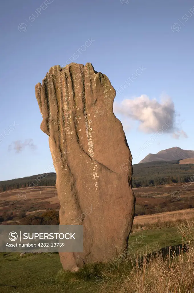 Scotland, North Ayrshire, Machrie Moor. A standing stone, part of a stone circle at Machrie Moor on the Isle of Arran.