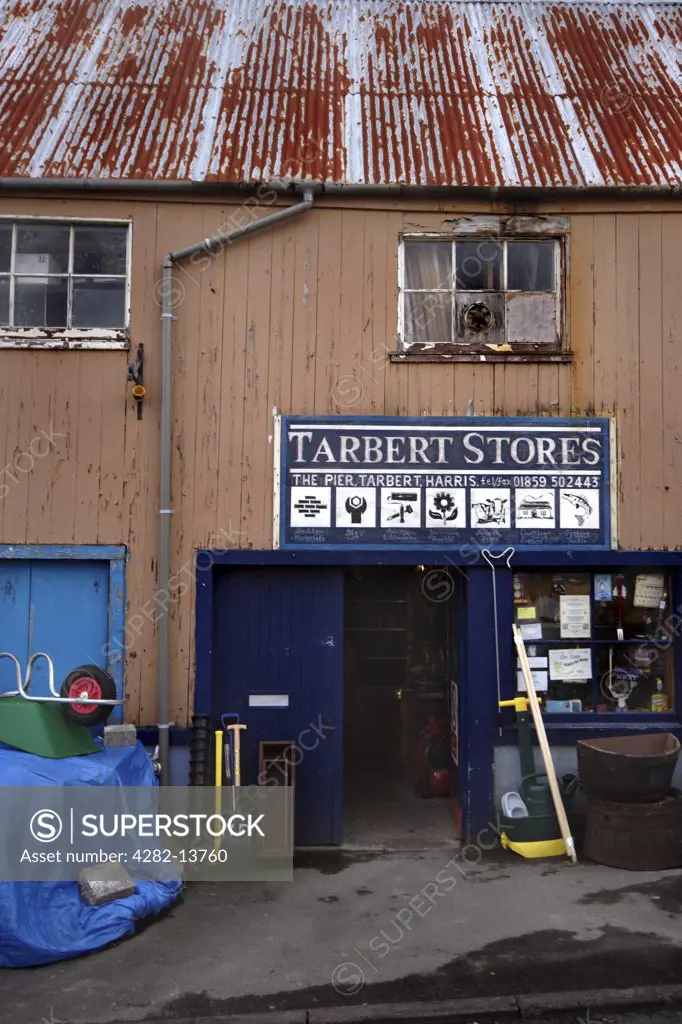 Scotland, Isle of Harris, Tarbert. General hardware store In Tarbert. Tinted shots of parts of the island were used by Stanley Kubrick as the surface of Jupiter in the film 2001: A Space Odyssey.