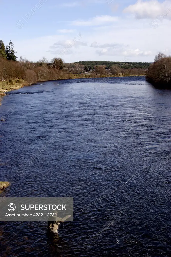 Scotland, Aberdeenshire, Aboyne. A view of a salmon fisher in the River Dee at Aboyne. Since the 17th century, anglers have been sport fishing the river for its famous run of salmon.