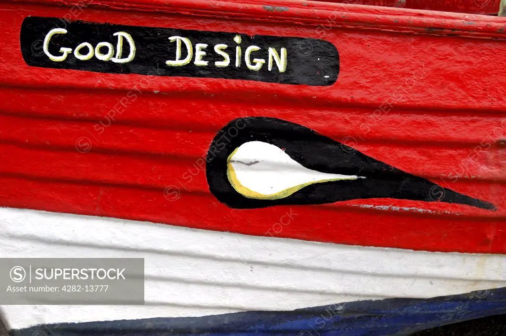 Scotland, Aberdeenshire, Johnshaven. Painted detail of a fishing boat sign. The Johnshaven area is rich in maritime heritage and continues to support a successful and internationally recognised shellfish industry.