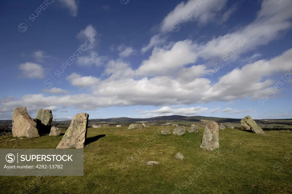 Scotland, Aberdeenshire, Tarland. A view over the Tomnaverie stone circle in Tarland. Located on a hillside terrace with a wide view the stone circle is 17.1 m in diameter.
