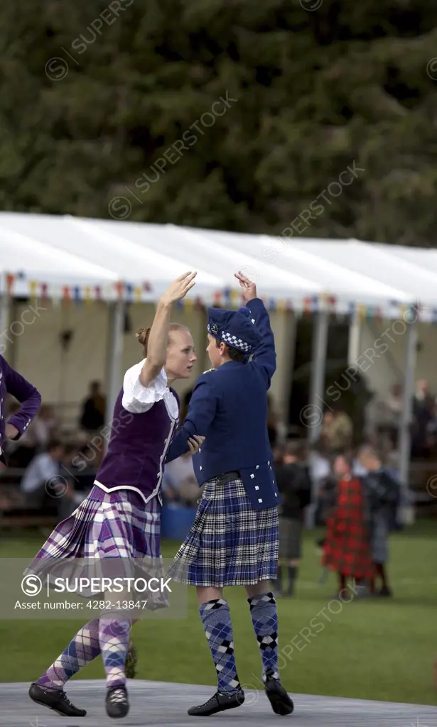 Scotland, Aberdeenshire, Strathdon. Highland dance competition at the Lonach Highland Games.