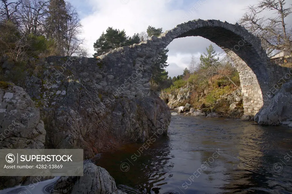 Scotland, Highland, Carrbridge. The ancient bridge at Carrbridge on the River Dulnain.