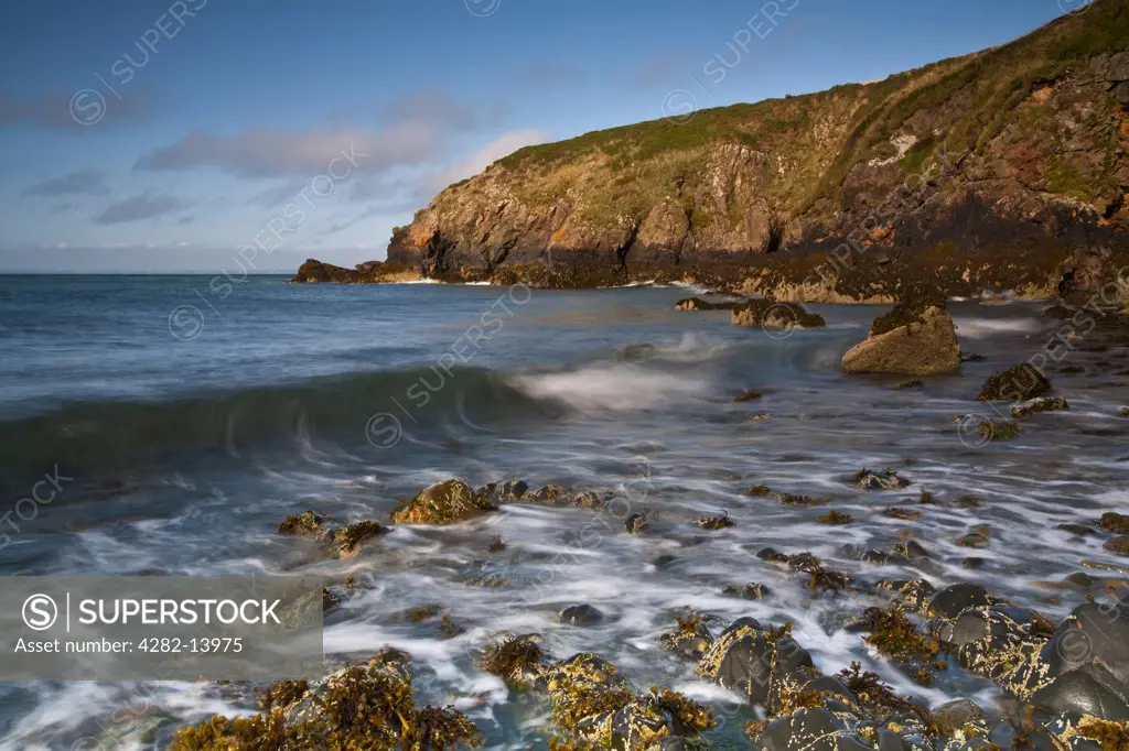 Wales, Pembrokeshire, Martins Haven. The sea retreats as a wave gathers height ready to break on the beach at Martins Haven on the Dale Peninsula.